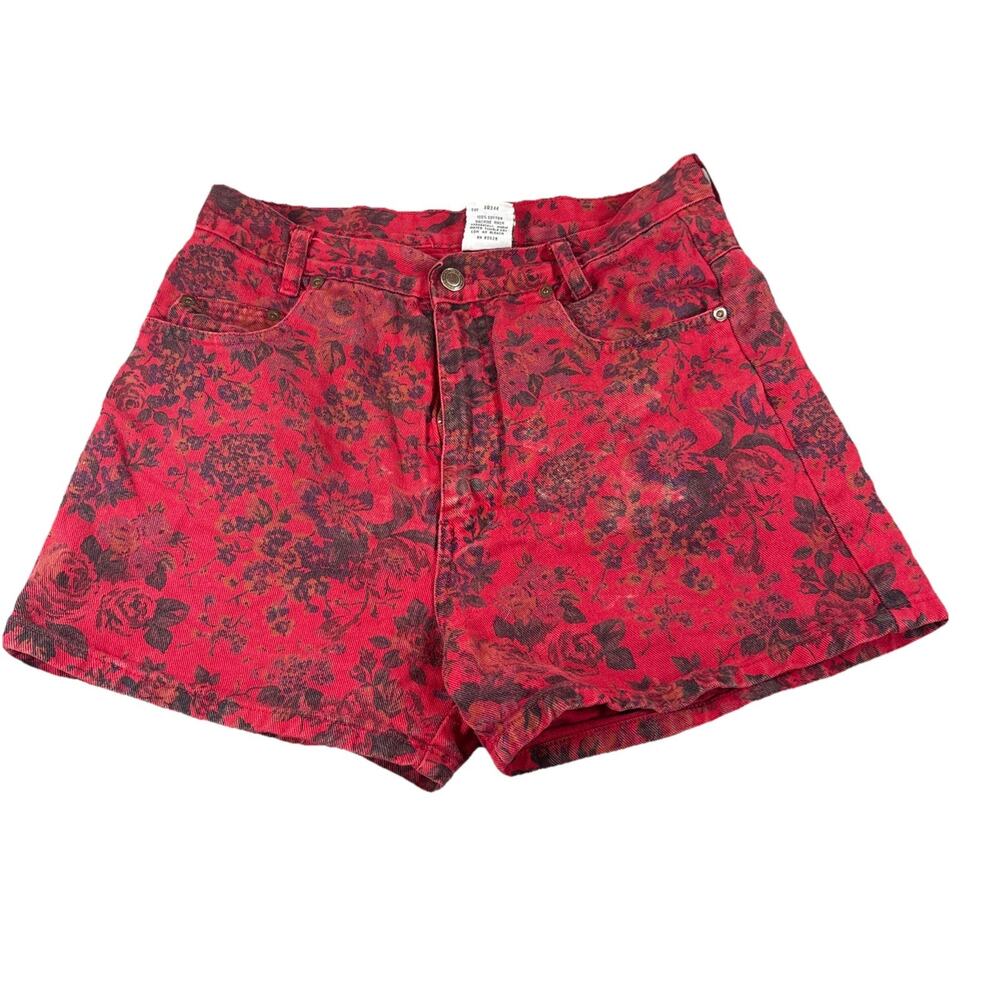 Vintage Michael Floral High Waisted Denim Shorts Womens Size 9 Red Black USA